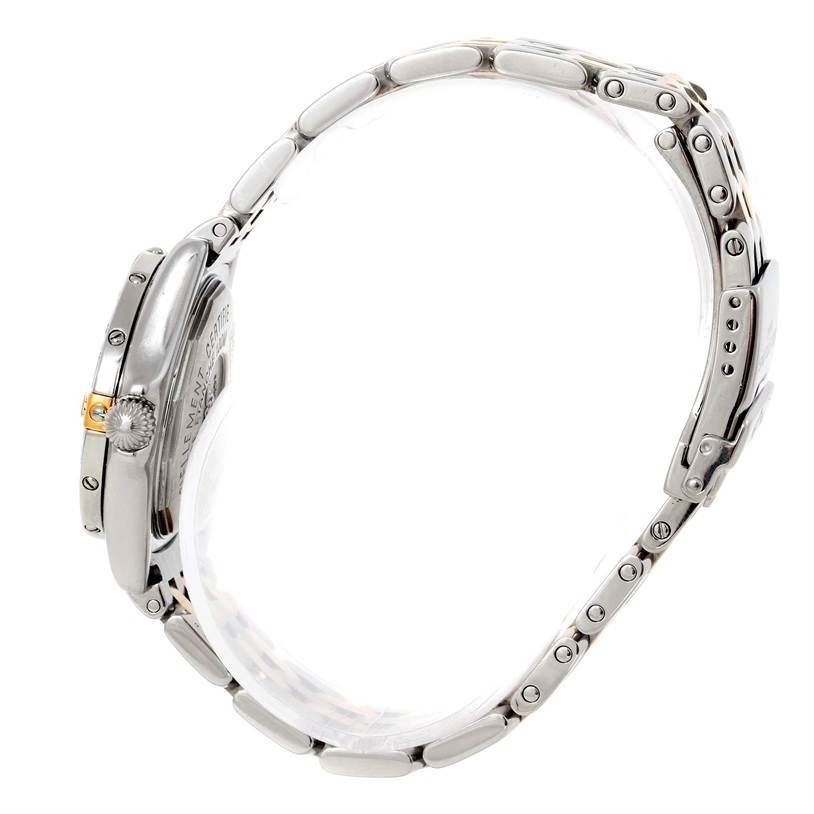 This is a side view of the Breitling A72345 Women's Stainless Steel Mother of Pearl Dial A72345 Women's Stainless Steel Mother of Pearl Dial Callisto Ladies Mother of Pearl Diamond Watch A72345 model, showing the band and crown.