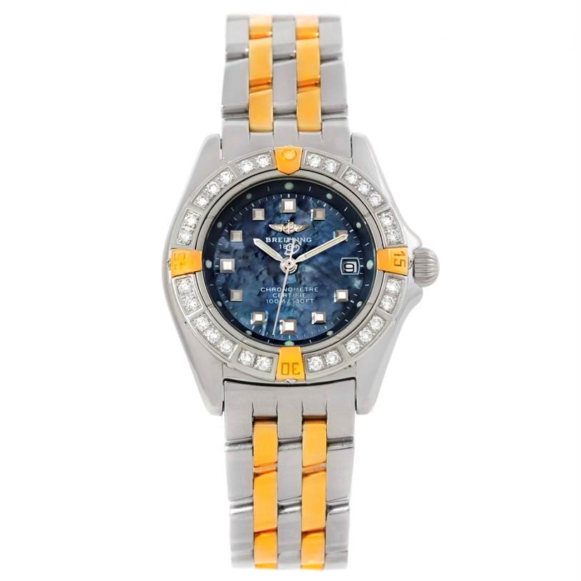 The Breitling A72345 Women's Stainless Steel Mother of Pearl Dial A72345 Women's Stainless Steel Mother of Pearl Dial Callisto Ladies Mother of Pearl Diamond Watch A72345 is shown from the front, displaying its face, bezel, and bracelet.