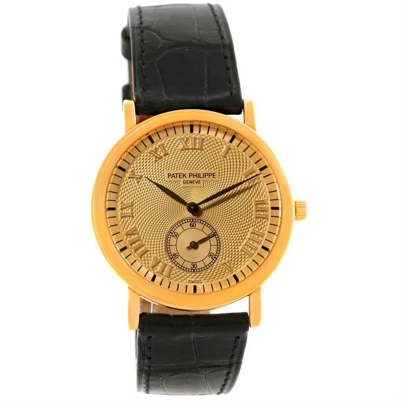 This image shows a frontal view of a Patek Philippe Calatrava 5022 Men's Yellow Gold Champagne Dial 5022 Men's Yellow Gold Champagne Dial watch with a gold dial and black leather strap.