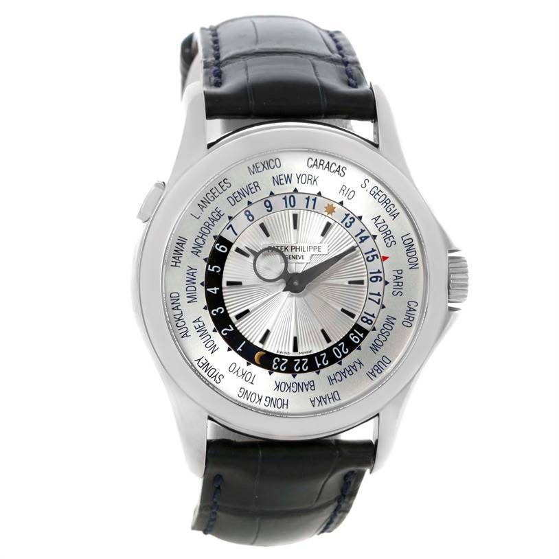 The image shows a front view of a Patek Philippe Complications 3802R Men's White Gold Silver Dial 3802R Men's White Gold Silver Dial model watch, highlighting its dial and black leather strap.