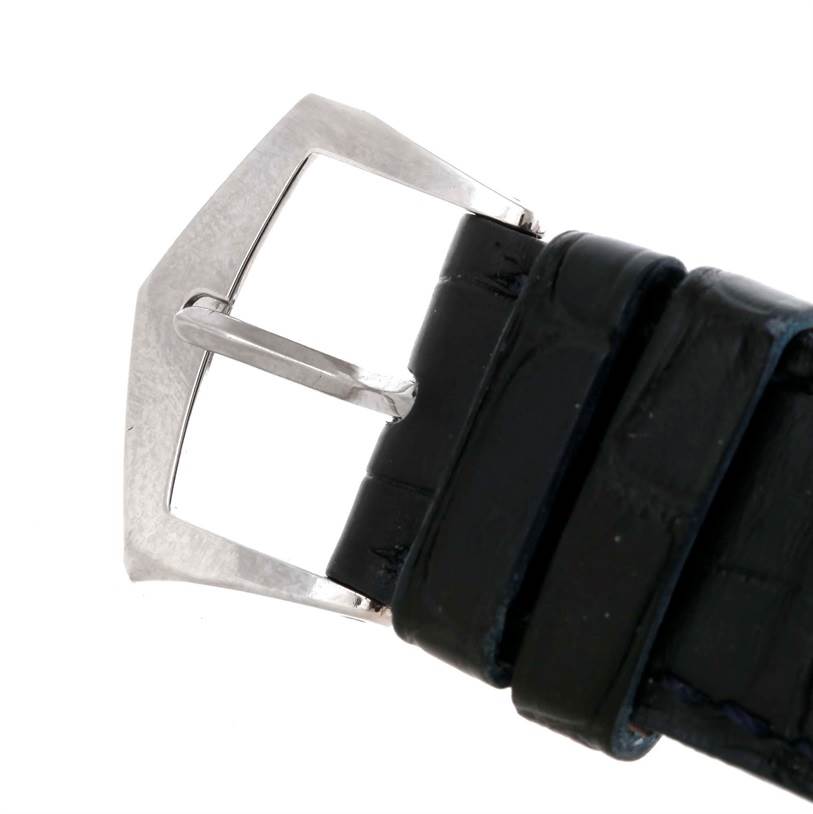 This image shows a close-up of the buckle and strap of a Patek Philippe Complications 3802R Men's White Gold Silver Dial 3802R Men's White Gold Silver Dial watch.