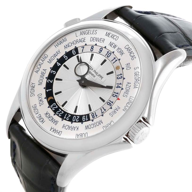The Patek Philippe Complications 3802R Men's White Gold Silver Dial 3802R Men's White Gold Silver Dial watch is shown at a three-quarter angle, highlighting the face, crown, and leather strap.