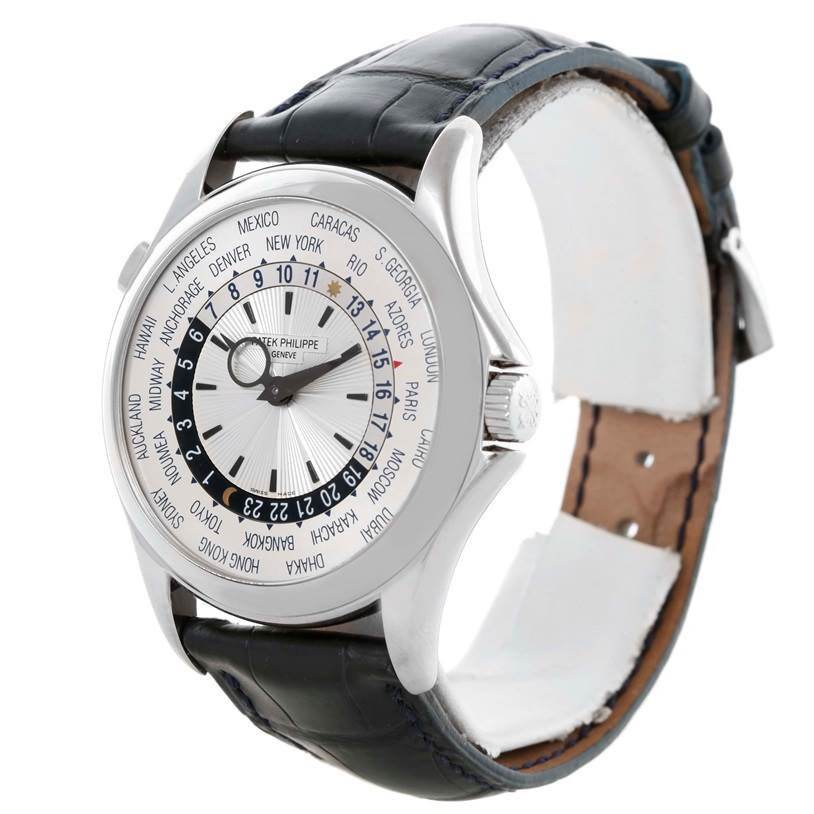 The image shows a Patek Philippe Complications 3802R Men's White Gold Silver Dial 3802R Men's White Gold Silver Dial model watch at a slight side angle, displaying the face, bezel, and leather strap.