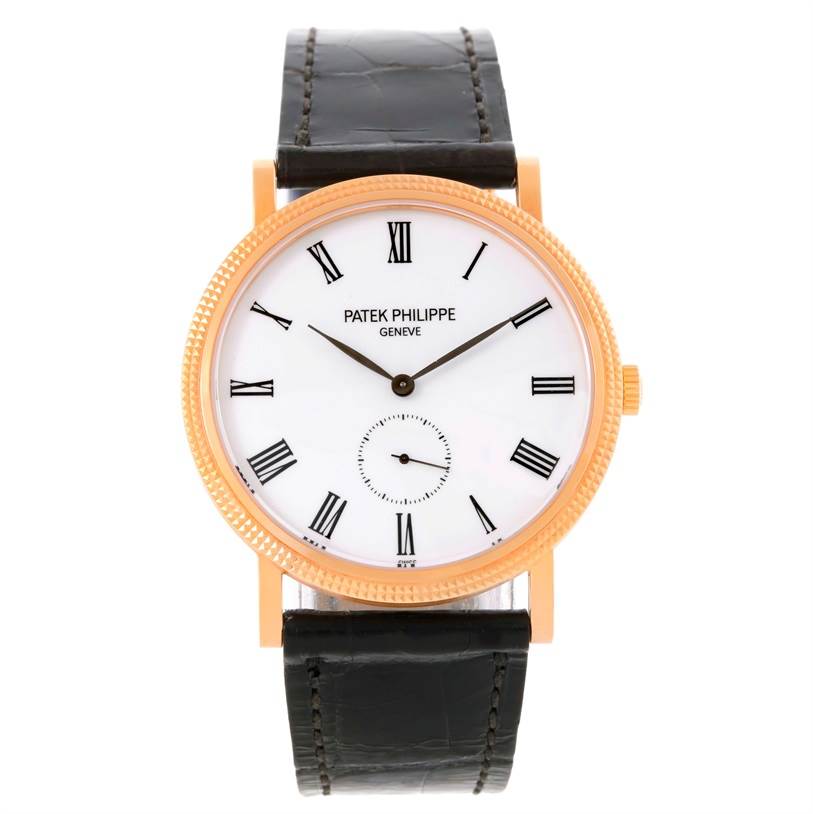 This is a front view of the Patek Philippe Calatrava 5119R Men's Rose Gold White Dial 5119R Men's Rose Gold White Dial watch, showing the dial, hands, case, and strap.