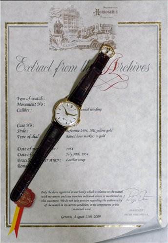 The image shows a Vintage Patek Philippe watch laid flat on an "Extract from the Archives" certificate, displaying the entire watch and strap.