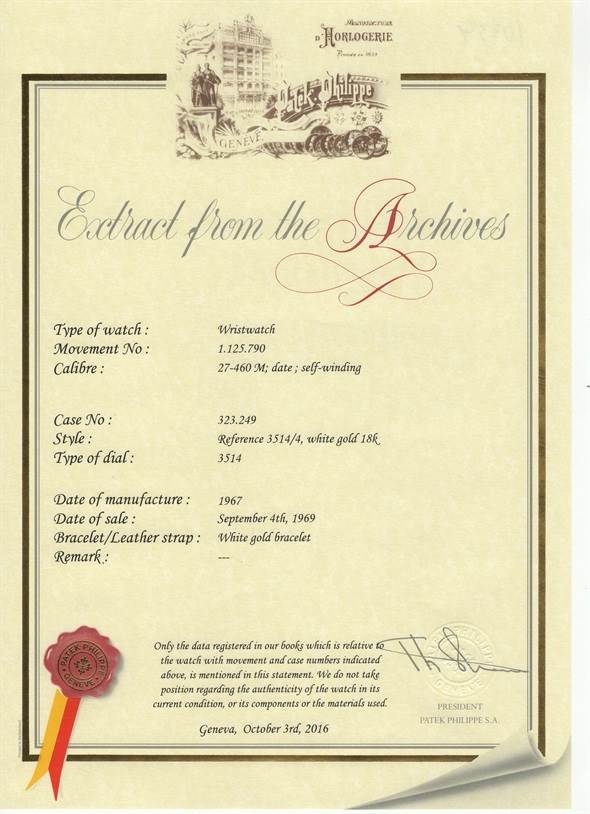 The image shows an "Extract from the Archives" certificate for a vintage Patek Philippe wristwatch, including details like movement number, case number, and manufacture date.