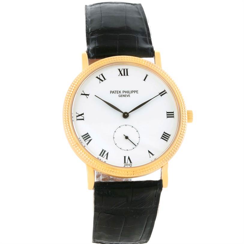 The image shows a frontal view of a Patek Philippe Calatrava 3919 Men's Yellow Gold White Dial 3919 Men's Yellow Gold White Dial watch, displaying its dial, hands, case, and strap.
