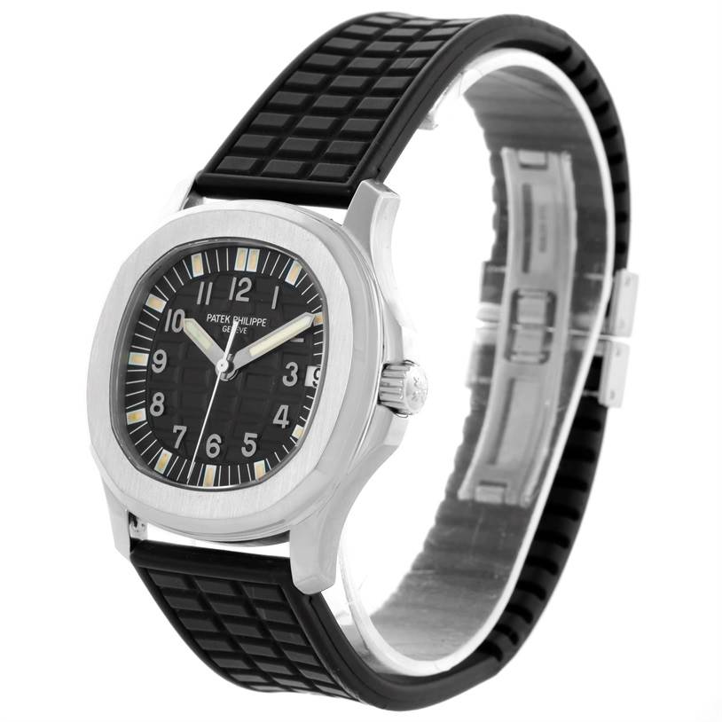 This is a Patek Philippe Aquanaut 5066A Men's Stainless Steel Black Dial 5066A Men's Stainless Steel Black Dial watch viewed at a slight angle, showing the black dial, rubber strap, and part of the clasp.
