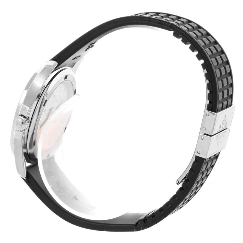 This image shows a side view of the Patek Philippe Aquanaut 5066A Men's Stainless Steel Black Dial 5066A Men's Stainless Steel Black Dial watch, highlighting the case, black rubber strap, and clasp.