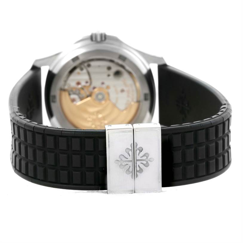 The image shows the back view of a Patek Philippe Aquanaut 5066A Men's Stainless Steel Black Dial 5066A Men's Stainless Steel Black Dial watch, highlighting its case back and rubber strap with clasp.