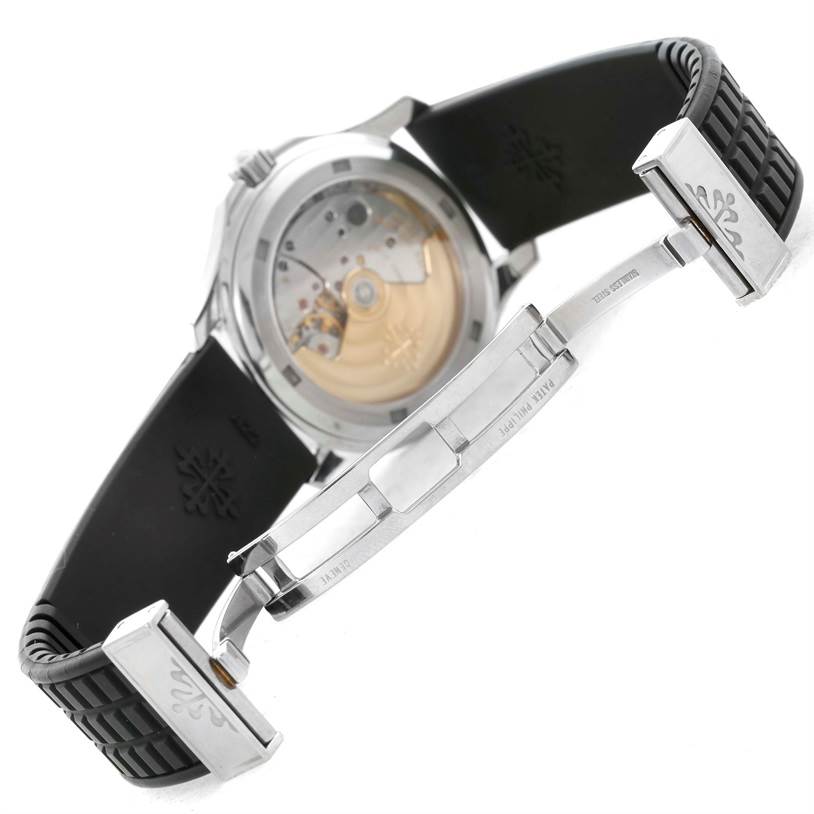 This image shows the back view of the Patek Philippe Aquanaut 5066A Men's Stainless Steel Black Dial 5066A Men's Stainless Steel Black Dial watch, highlighting the movement and deployment clasp.