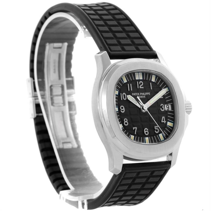 The Patek Philippe Aquanaut 5066A Men's Stainless Steel Black Dial 5066A Men's Stainless Steel Black Dial watch is shown from an angled side view, displaying the face, bezel, and strap.