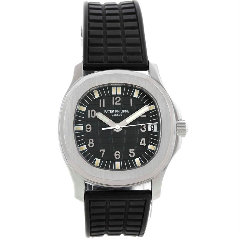This image shows a front view of a Patek Philippe Aquanaut 5066A Men's Stainless Steel Black Dial 5066A Men's Stainless Steel Black Dial watch, featuring the dial, bezel, and strap.