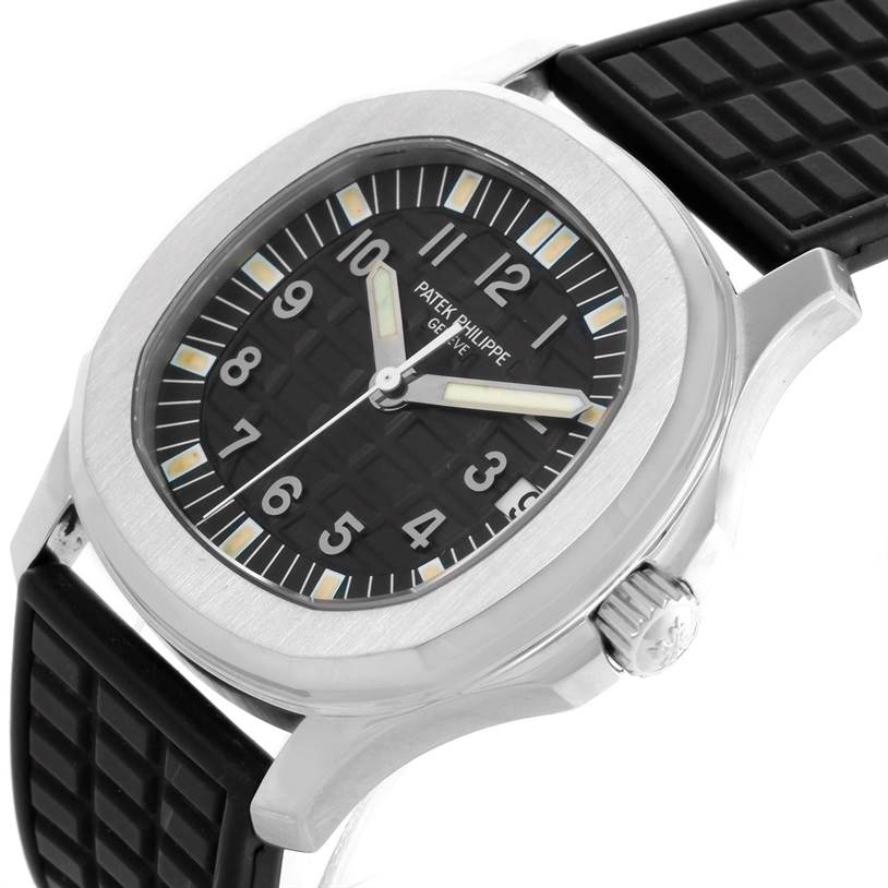 The image shows a close-up, angled view of the dial, bezel, crown, and strap of the Patek Philippe Aquanaut 5066A Men's Stainless Steel Black Dial 5066A Men's Stainless Steel Black Dial watch.
