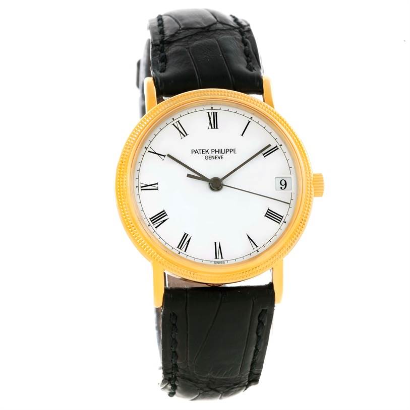 The image shows a front view of a Patek Philippe Calatrava 3802 Men's Yellow Gold White Dial 3802 Men's Yellow Gold White Dial watch, displaying its face, bezel, and strap.