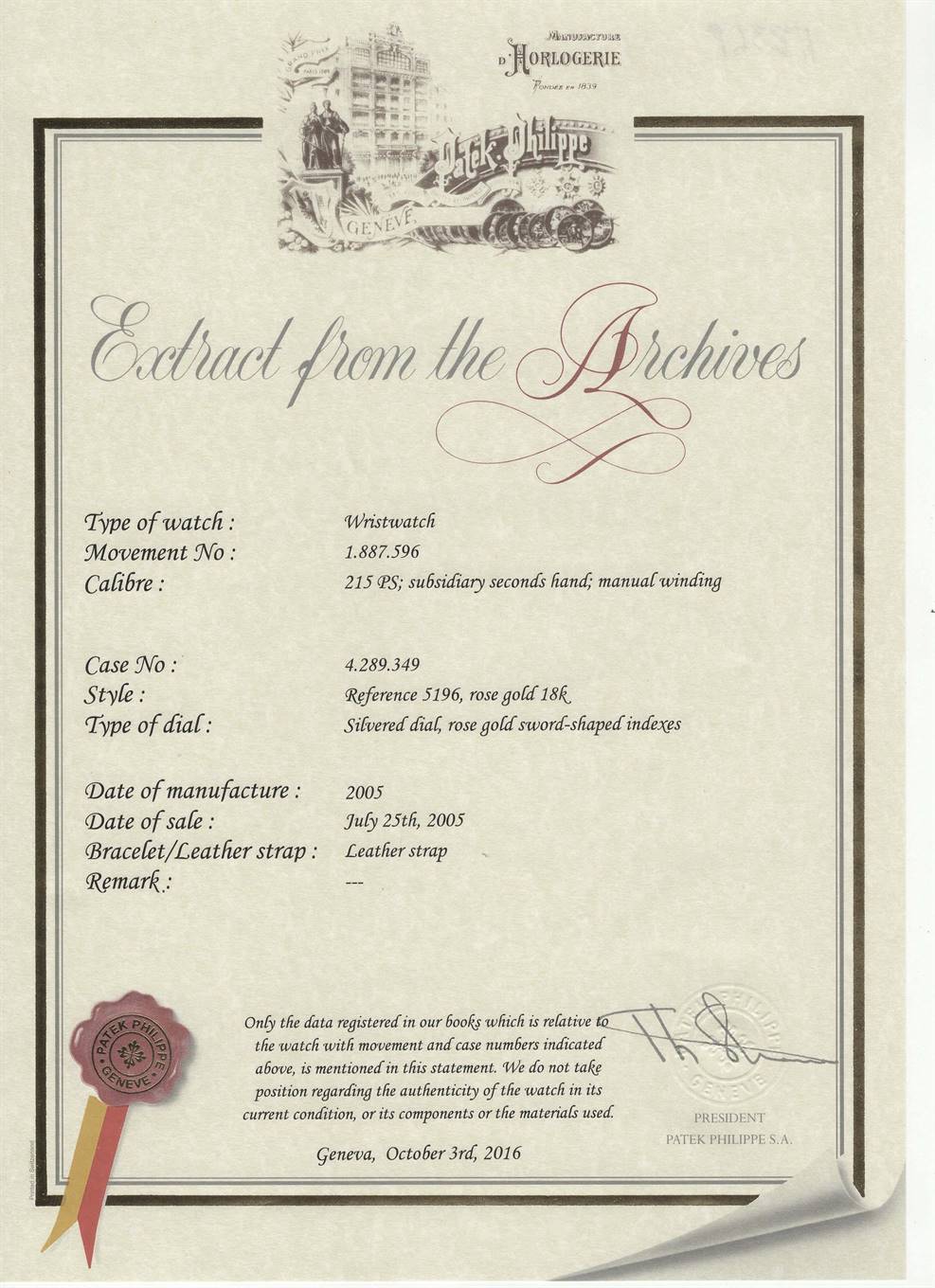 This image shows a certificate for a Patek Philippe Calatrava 5196R Men's Rose Gold Silver Dial 5196R Men's Rose Gold Silver Dial, detailing its specifications and manufacturing information.
