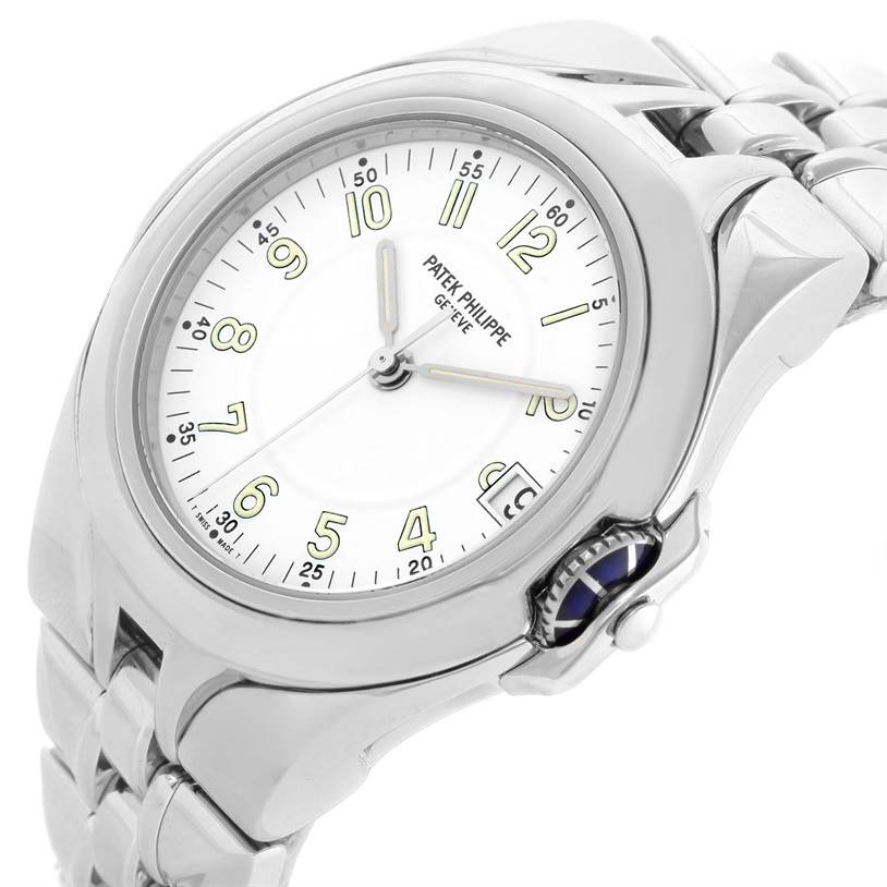 The image shows a side angle view of the Patek Philippe Sculpture 5091/1A-001 Women's Stainless Steel White Dial 5091/1A-001 Women's Stainless Steel White Dial model watch, highlighting its dial, crown, and part of the bracelet.