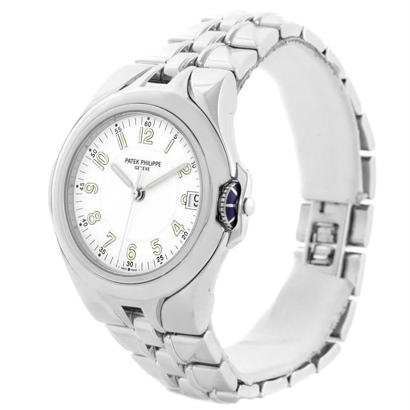 The image shows a Patek Philippe Sculpture 5091/1A-001 Women's Stainless Steel White Dial 5091/1A-001 Women's Stainless Steel White Dial model watch from a front-left angle, highlighting the face, crown, and bracelet.