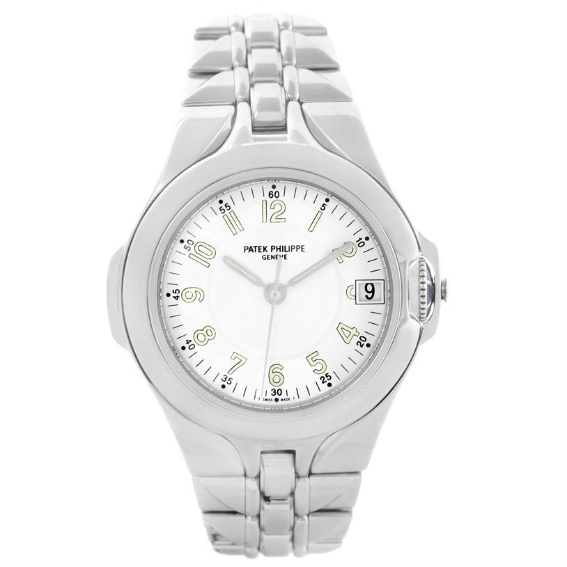 The image shows a front view of the Patek Philippe Sculpture 5091/1A-001 Women's Stainless Steel White Dial 5091/1A-001 Women's Stainless Steel White Dial model watch, highlighting the face, bracelet, and date window.