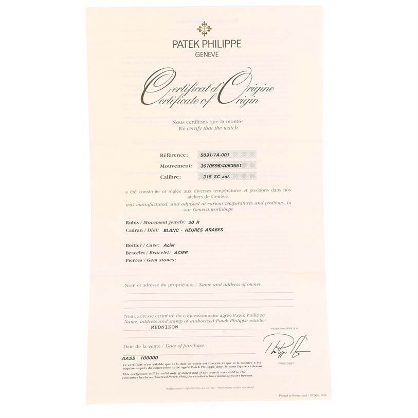 This image shows the Certificate of Origin for the Patek Philippe Sculpture 5091/1A-001 Women's Stainless Steel White Dial 5091/1A-001 Women's Stainless Steel White Dial model watch.