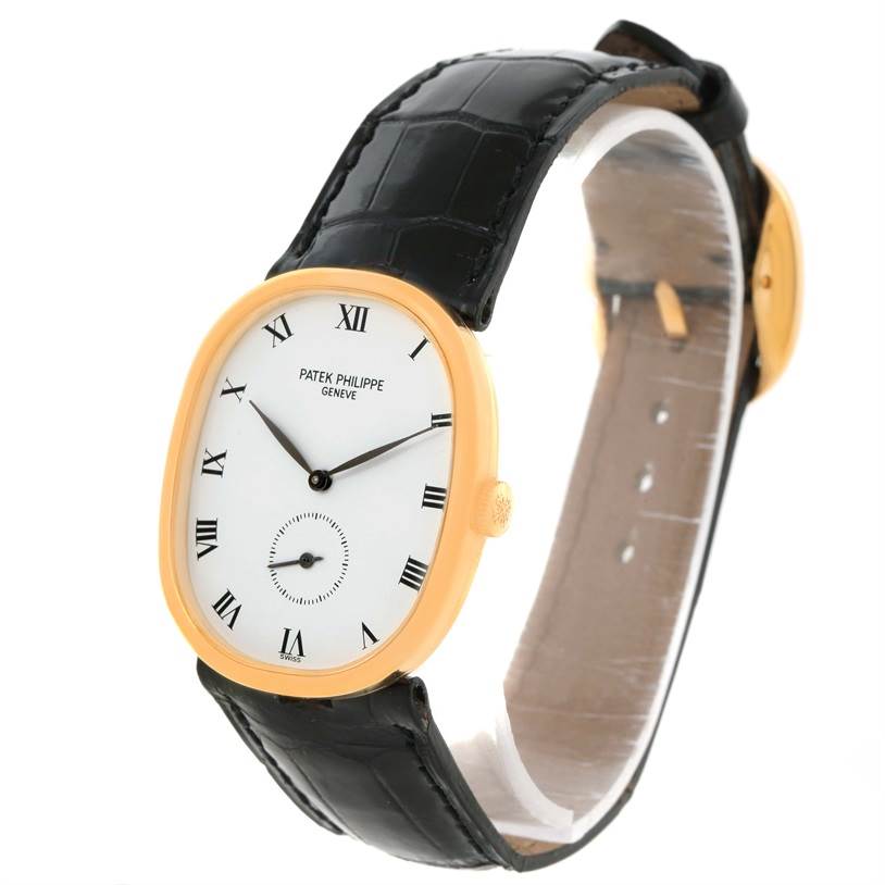 The image shows a Patek Philippe Golden Ellipse 3948 Men's Yellow Gold White Dial 3948 Men's Yellow Gold White Dial watch at a three-quarter angle, displaying the face, crown, and part of the strap.