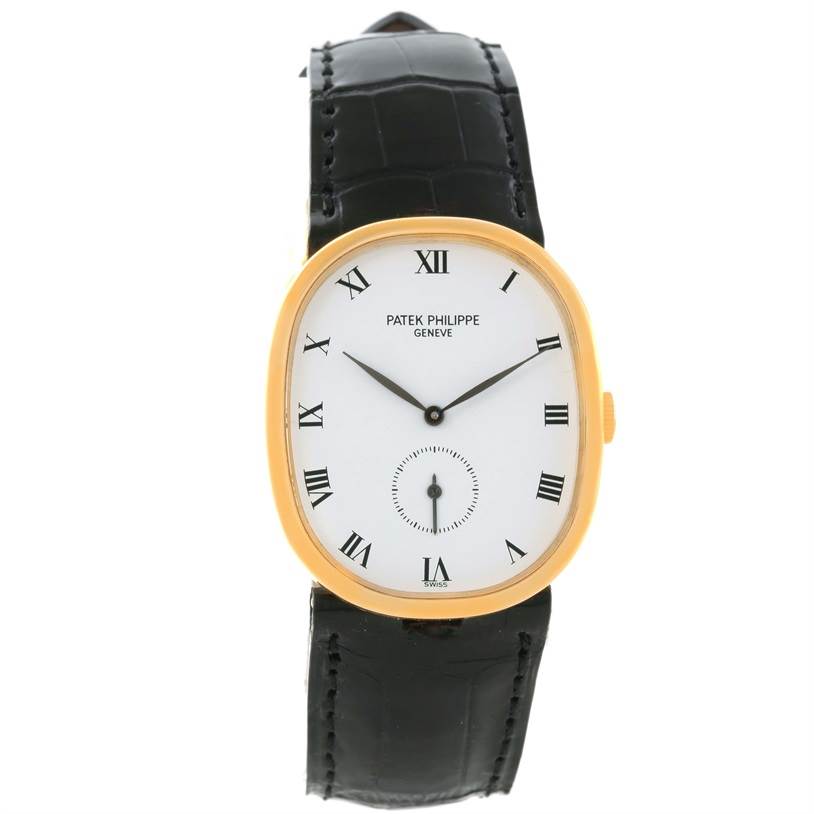 The image shows a front view of the Patek Philippe Golden Ellipse 3948 Men's Yellow Gold White Dial 3948 Men's Yellow Gold White Dial watch, highlighting its face, hands, case, and strap.