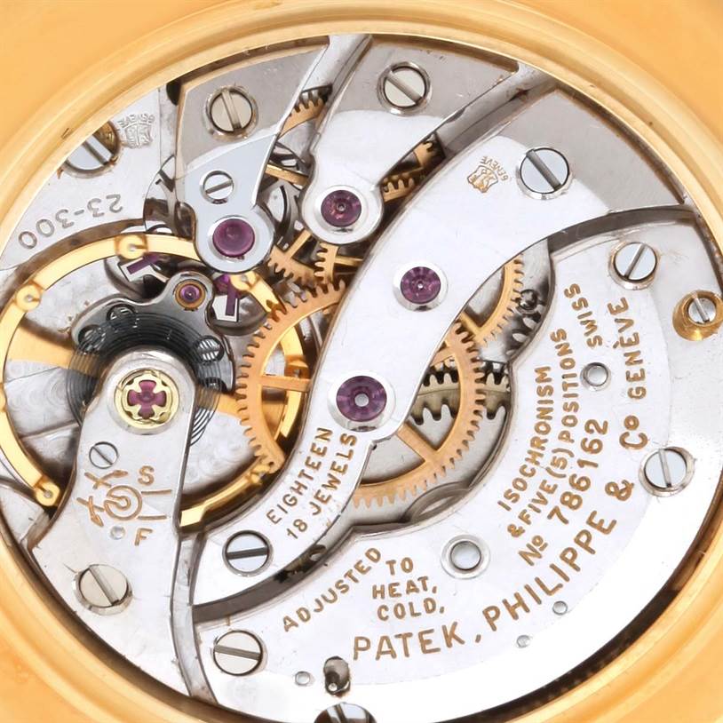 This image shows a close-up view of the intricate movement mechanism inside a Vintage Patek Philippe watch.