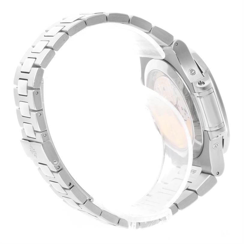 The image shows a side profile of a Patek Philippe Nautilus 5726/1A-010 Men's Stainless Steel White Dial 5726/1A-010 Men's Stainless Steel White Dial watch, highlighting its band and a partial view of the case back.