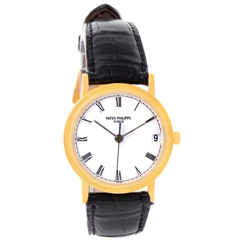 The image shows a front-facing view of a Patek Philippe Calatrava 3802 Men's Yellow Gold White Dial 3802 Men's Yellow Gold White Dial watch, featuring a white dial, gold casing, and black leather strap.