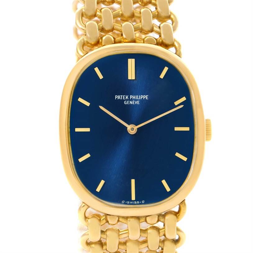 This is a front view of the Patek Philippe 3648 Yellow Gold Blue Dial 3648 Yellow Gold Blue Dial Golden Ellipse 18k Yellow Gold Blue Dial Watch, model 3648, showcasing its dial and bracelet.