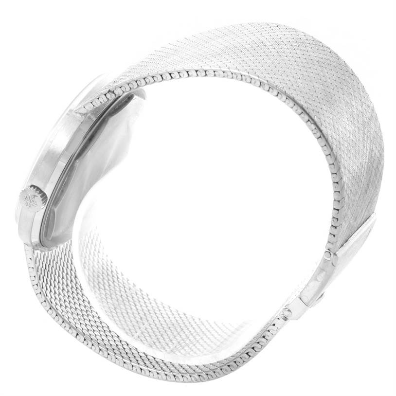 The Patek Philippe Vintage model watch is shown from a side angle, highlighting its mesh bracelet and crown.