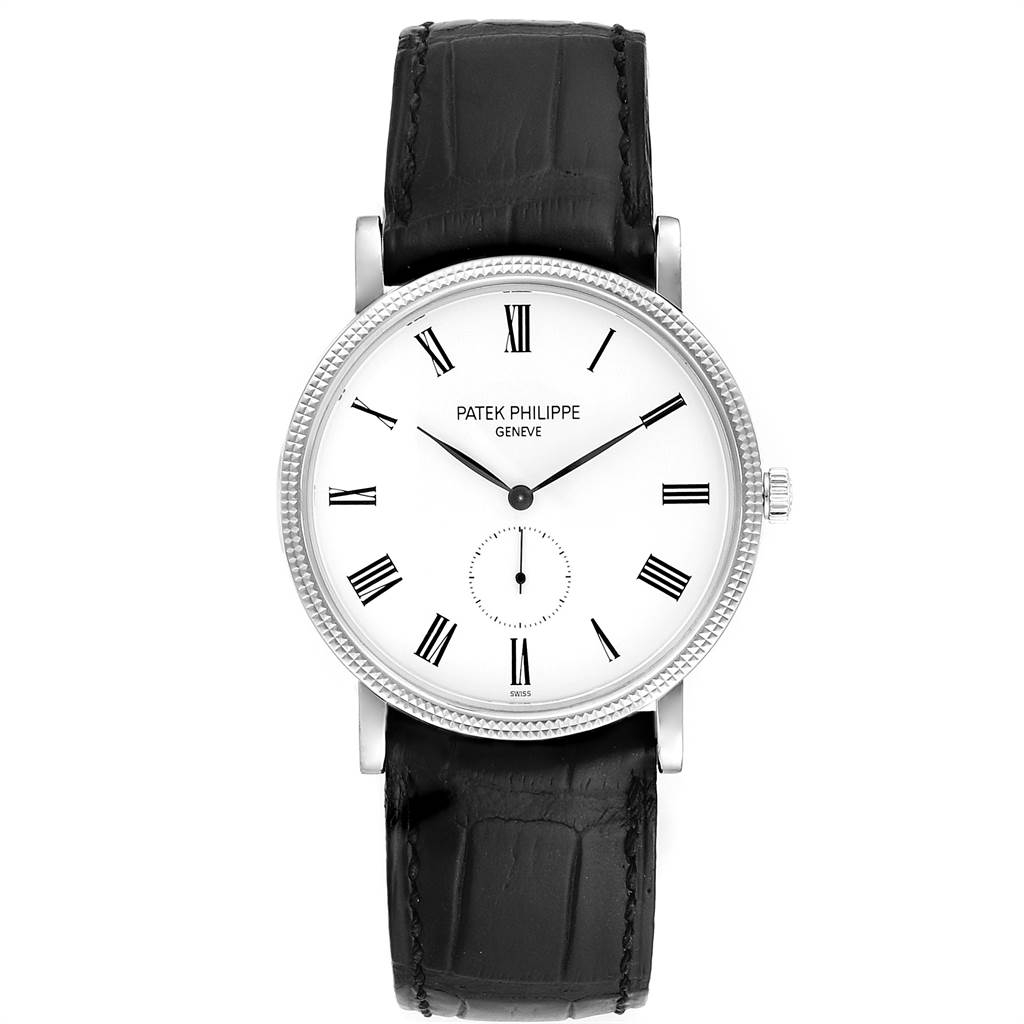 The image shows a Patek Philippe Calatrava 5119G Men's White Gold White Dial 5119G Men's White Gold White Dial watch from a front angle, displaying its dial, bezel, crown, and strap.