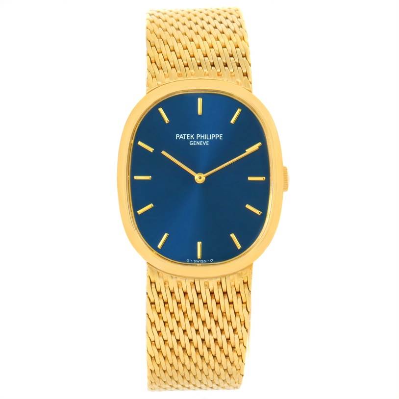 The image shows a Patek Philippe Golden Ellipse 3748 Men's Yellow Gold Blue Dial 3748 Men's Yellow Gold Blue Dial watch with a blue dial and gold bracelet, viewed from the front.