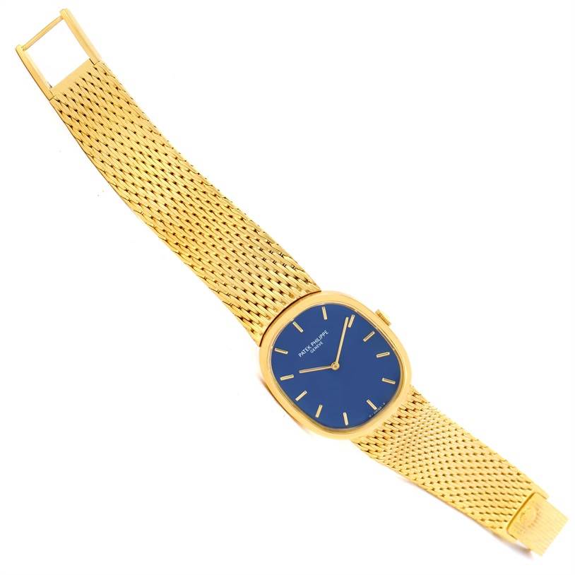 The image shows a Patek Philippe Golden Ellipse 3748 Men's Yellow Gold Blue Dial 3748 Men's Yellow Gold Blue Dial watch at a slight angle, displaying the face, full strap, and clasp.