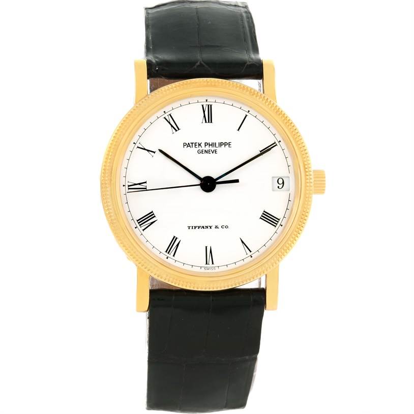 The image shows a front view of a Patek Philippe Calatrava 3802 Men's Yellow Gold White Dial 3802 Men's Yellow Gold White Dial watch, displaying its dial, bezel, case, and strap.