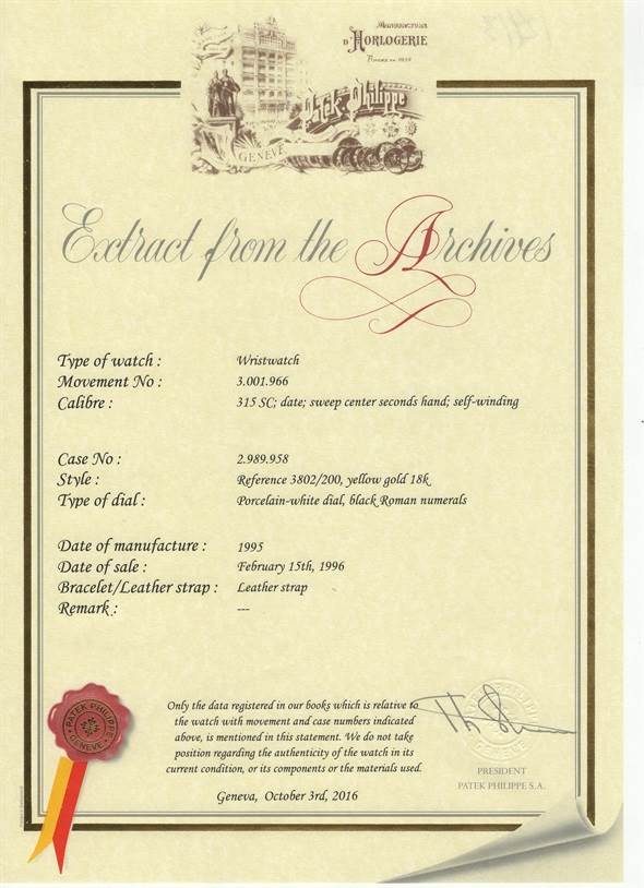 This image shows an Extract from the Archives document for a Patek Philippe Calatrava 3802 Men's Yellow Gold White Dial 3802 Men's Yellow Gold White Dial model.