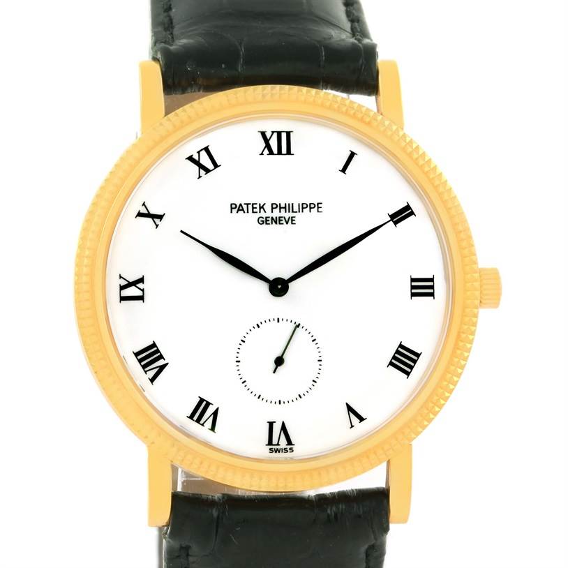 The image shows a front view of a Patek Philippe Calatrava 3919 Men's Yellow Gold White Dial 3919 Men's Yellow Gold White Dial watch with a gold case, white dial, black Roman numerals, and a black leather strap.