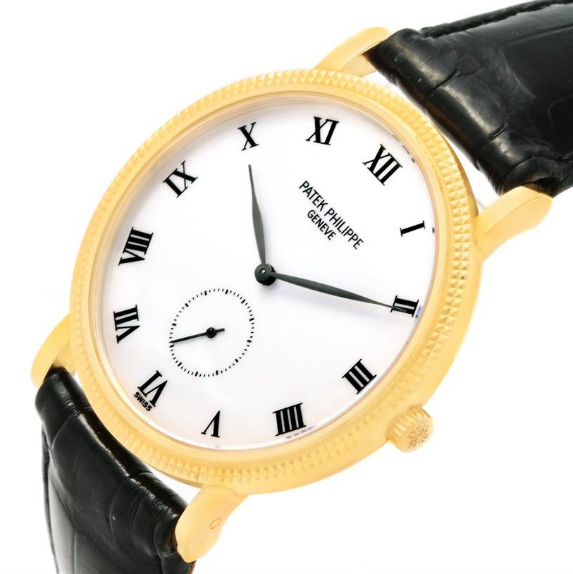 This image shows a front angle of the Patek Philippe Calatrava 3919 Men's Yellow Gold White Dial 3919 Men's Yellow Gold White Dial watch, highlighting its gold case, white dial, Roman numerals, and black leather strap.