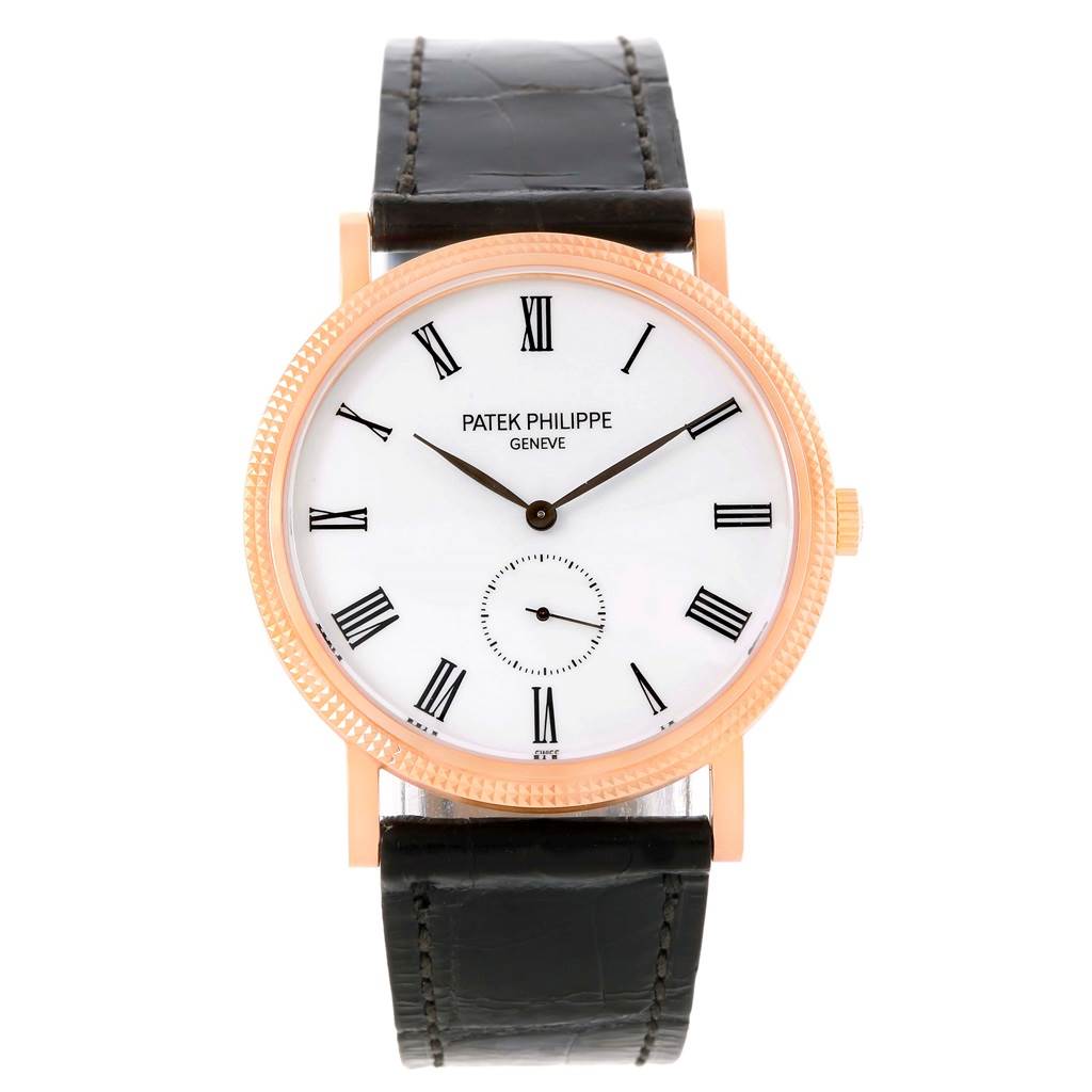 The Patek Philippe Calatrava 5119 Men
s Rose Gold White Dial 5119 Men
s Rose Gold White Dial watch is shown from the front, displaying its face, bezel, crown, and leather strap.