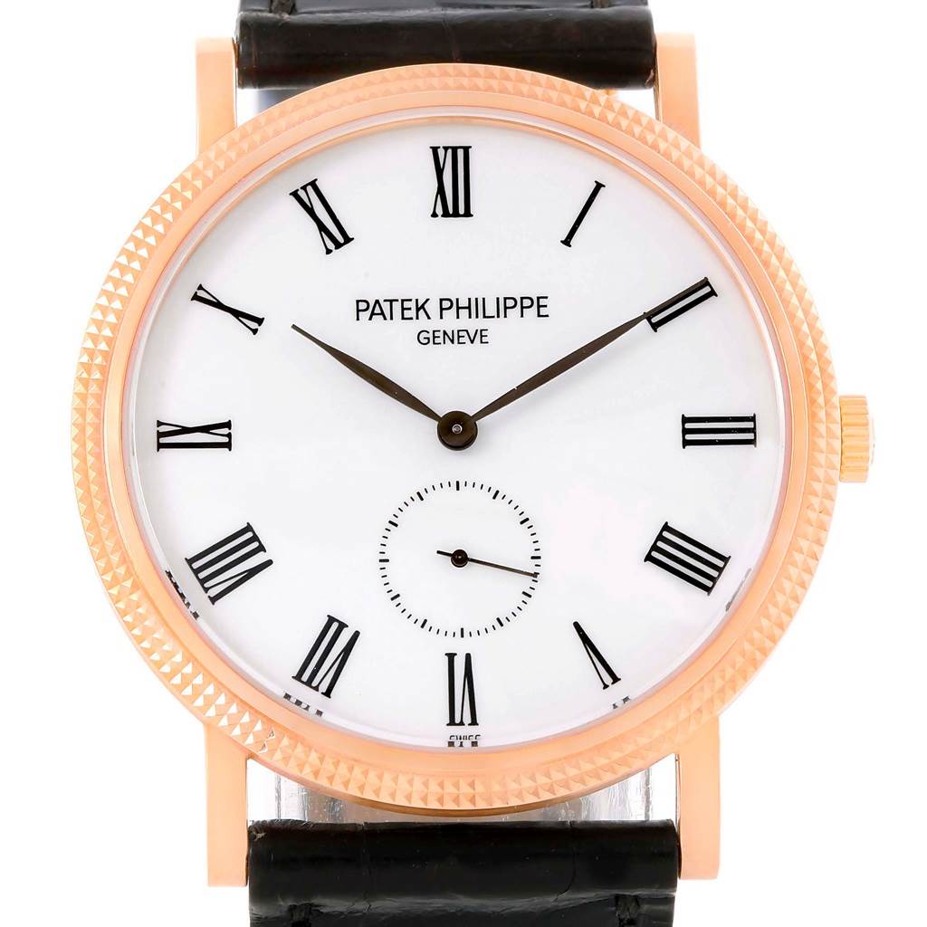 This is a front view of the Patek Philippe Calatrava 5119 Men
s Rose Gold White Dial 5119 Men
s Rose Gold White Dial watch, showing the dial, hands, and black strap.