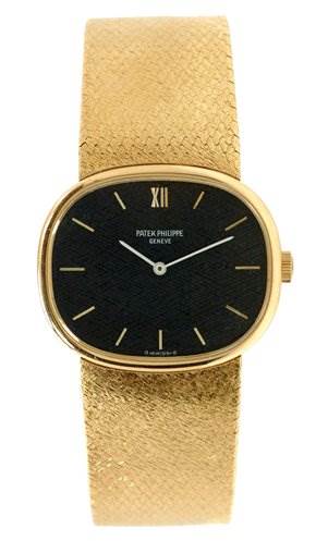 This image shows a front view of a Patek Philippe 3845/2 YEAR 1978 Yellow Gold Black Dial 3845/2 YEAR 1978 Yellow Gold Black Dial Vintage Men's 18k Gold Elipse 3845/2 watch with a gold strap and black dial.