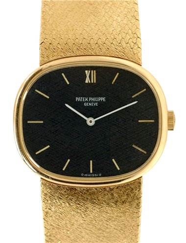 The image shows a frontal view of the Patek Philippe 3845/2 YEAR 1978 Yellow Gold Black Dial 3845/2 YEAR 1978 Yellow Gold Black Dial Vintage Men 18k y Gold Ellipse 3845/2 Year 1978 watch, displaying its face and strap.
