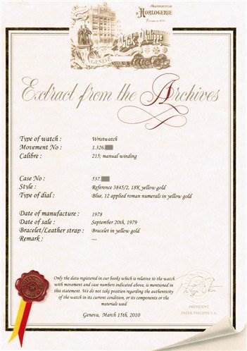 This document is an extract from the archives for a Patek Philippe 3845/2 YEAR 1978 Yellow Gold Black Dial 3845/2 YEAR 1978 Yellow Gold Black Dial Vintage Men 18k Gold Ellipse 3845/2 Year 1978 model watch.