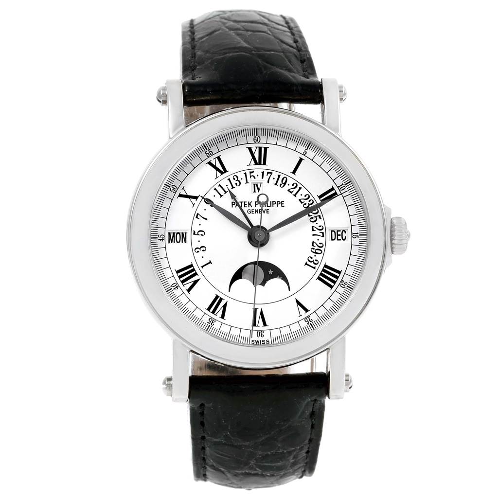 This is a front view of the Patek Philippe 5059 Men
s White Gold White Dial 5059 Men
s White Gold White Dial Perpetual Calendar Retrograde 18k White Gold Watch 5059, showing its face and black leather strap.
