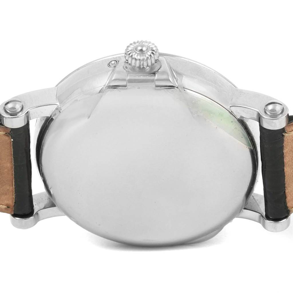 This is a rear view of the Patek Philippe 5059 Men
s White Gold White Dial 5059 Men
s White Gold White Dial Perpetual Calendar Retrograde 18k White Gold Watch 5059 model, showing its case back and crown.