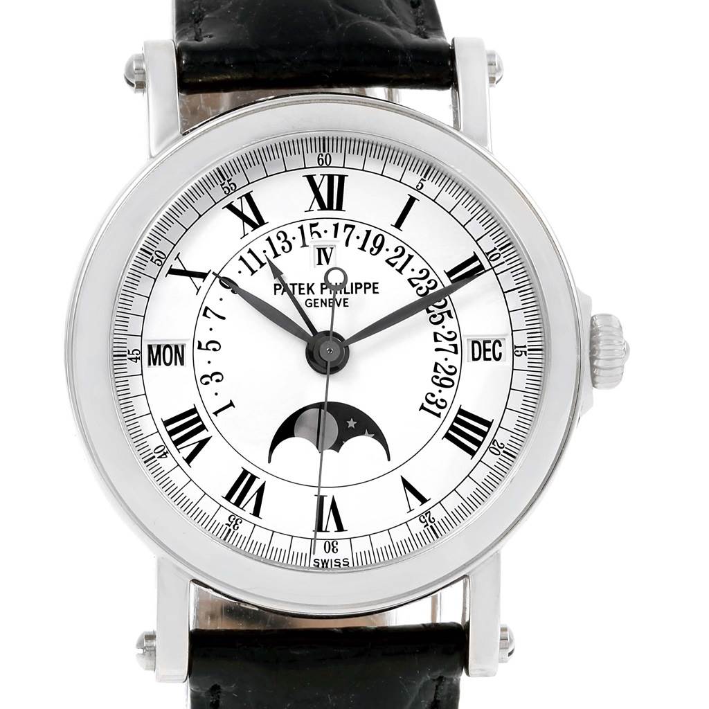 The image shows a front view of the Patek Philippe 5059 Men
s White Gold White Dial 5059 Men
s White Gold White Dial Perpetual Calendar Retrograde 18k White Gold Watch 5059 model.