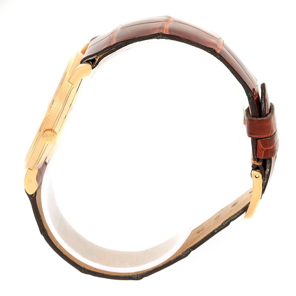 The image shows a side view of a Calatrava model by Patek Philippe, displaying its crown, case, and leather strap.