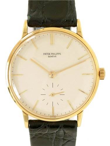 The image shows a front view of a Vintage 18k Yellow Gold Patek Philippe 3410 YEAR 1965 Yellow Gold Silver Dial 3410 YEAR 1965 Yellow Gold Silver Dial Calatrava 3410 Year 1965 watch with a black leather strap.