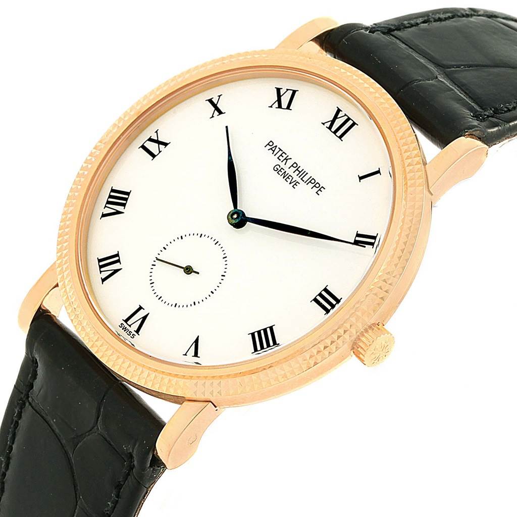 The image shows a frontal angle of a Patek Philippe Calatrava 3919 Men's Rose Gold White Dial 3919 Men's Rose Gold White Dial watch, highlighting the face, bezel, and leather strap.
