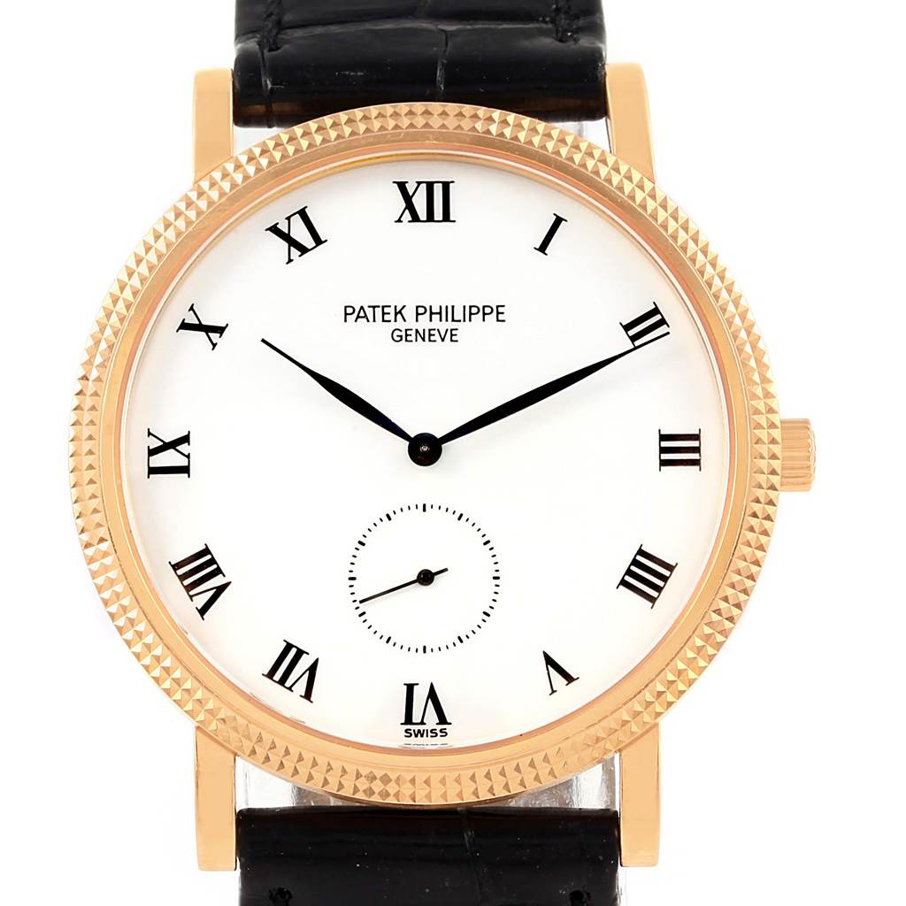The image shows a frontal view of a Patek Philippe Calatrava 3919 Men's Rose Gold White Dial 3919 Men's Rose Gold White Dial watch, highlighting the face, bezel, and part of the strap.